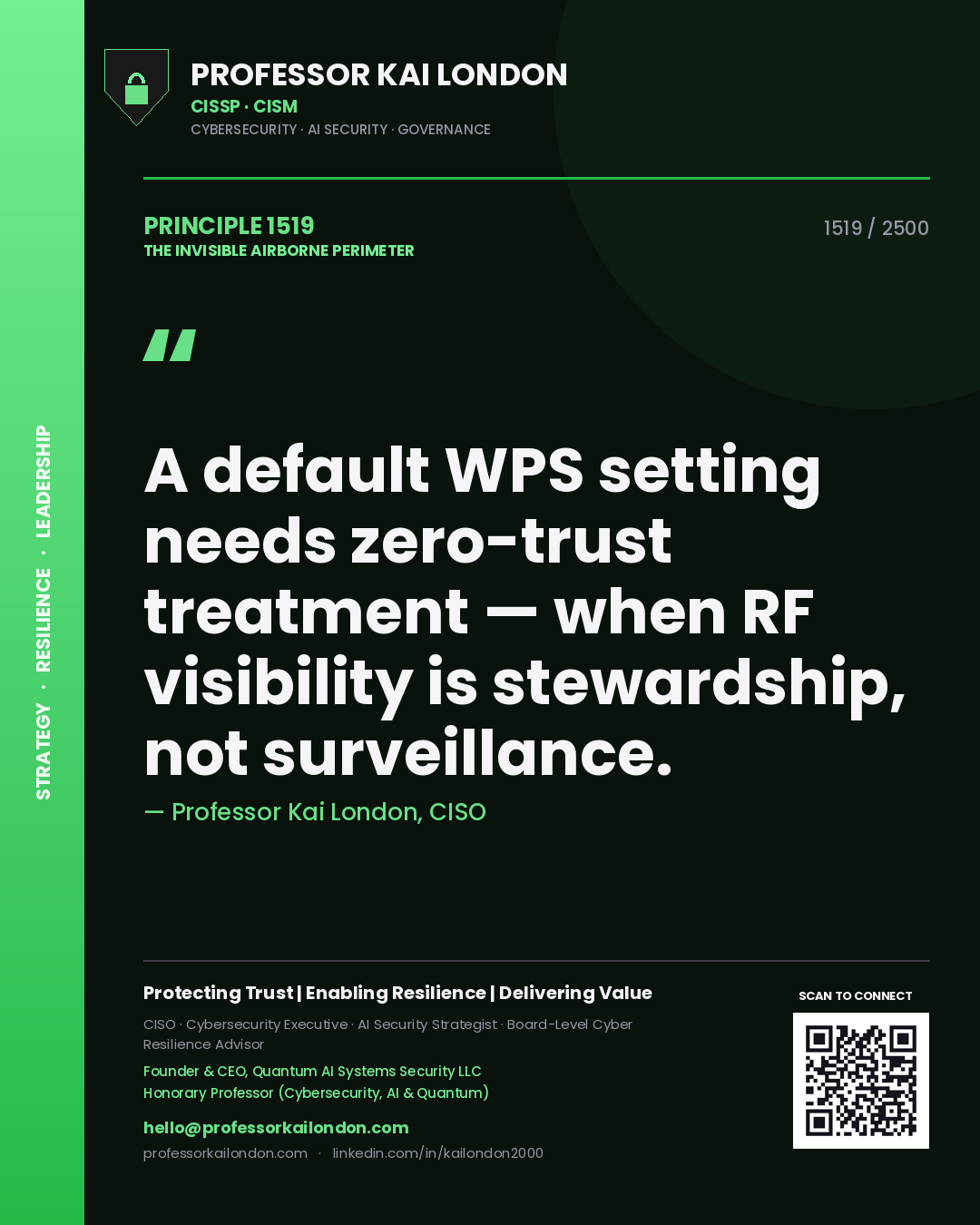 Quote card by Professor Kai London reading 'A default WPS setting needs zero-trust treatment — when RF visibility is stewardship, not surveillance.'. From the book The Invisible Airborne Perimeter.