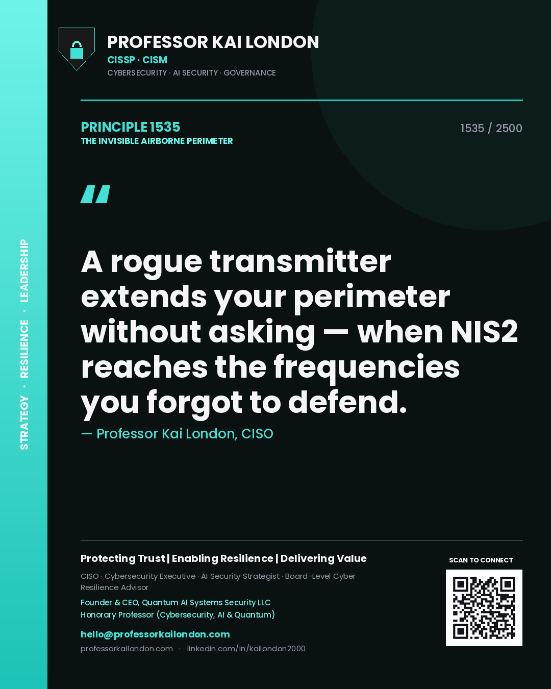 Quote card by Professor Kai London reading 'A rogue transmitter extends your perimeter without asking — when NIS2 reaches the frequencies you forgot to defend.'. From the book The Invisible Airborne Perimeter.