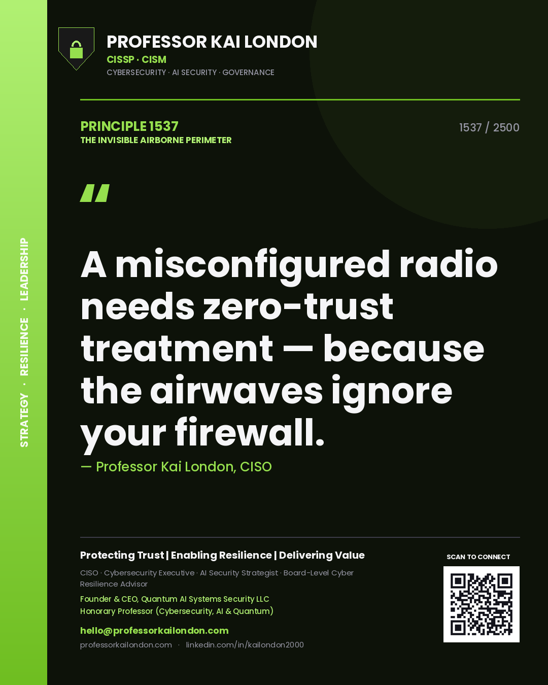 Quote card by Professor Kai London reading 'A misconfigured radio needs zero-trust treatment — because the airwaves ignore your firewall.'. From the book The Invisible Airborne Perimeter.