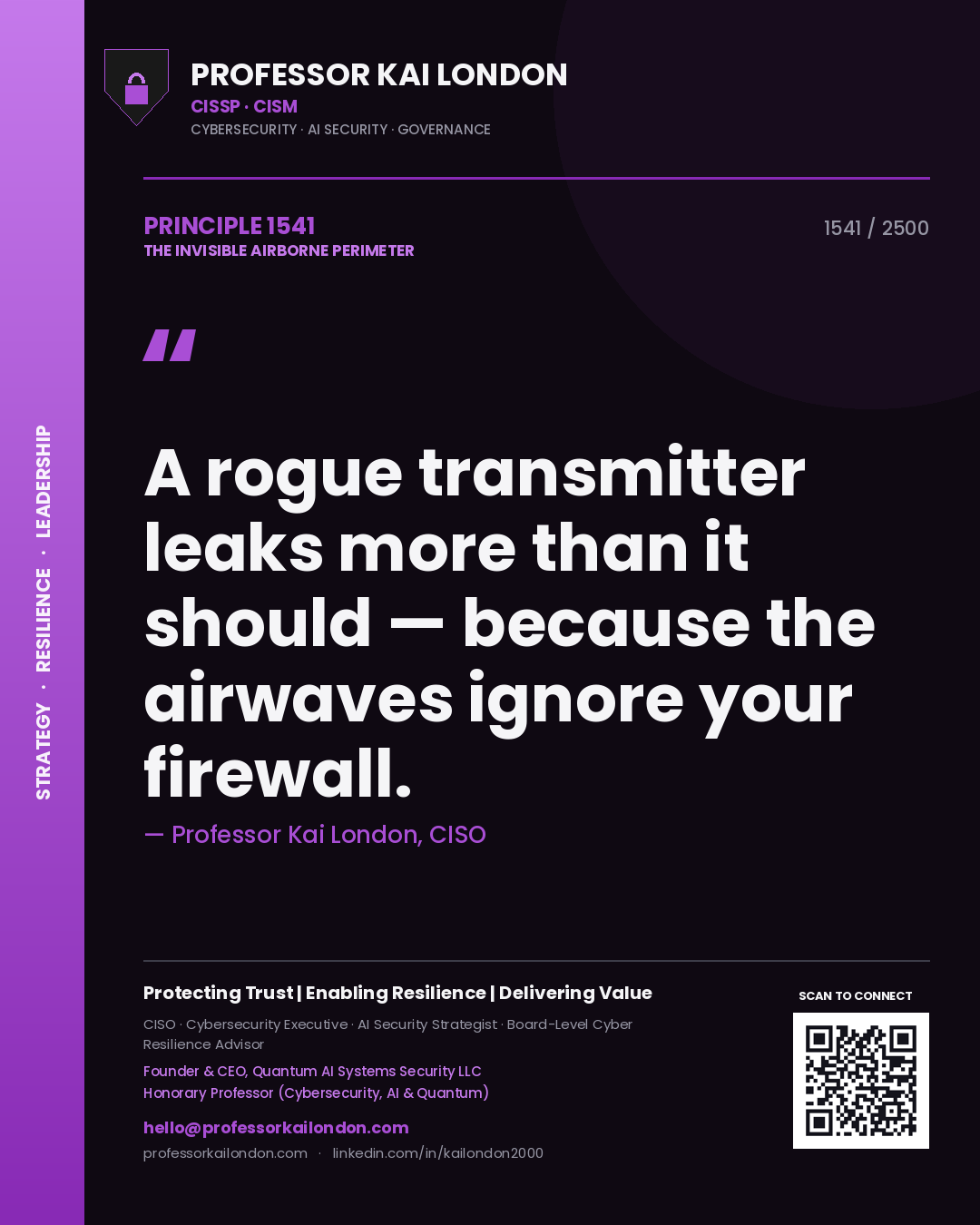 Quote card by Professor Kai London reading 'A rogue transmitter leaks more than it should — because the airwaves ignore your firewall.'. From the book The Invisible Airborne Perimeter.
