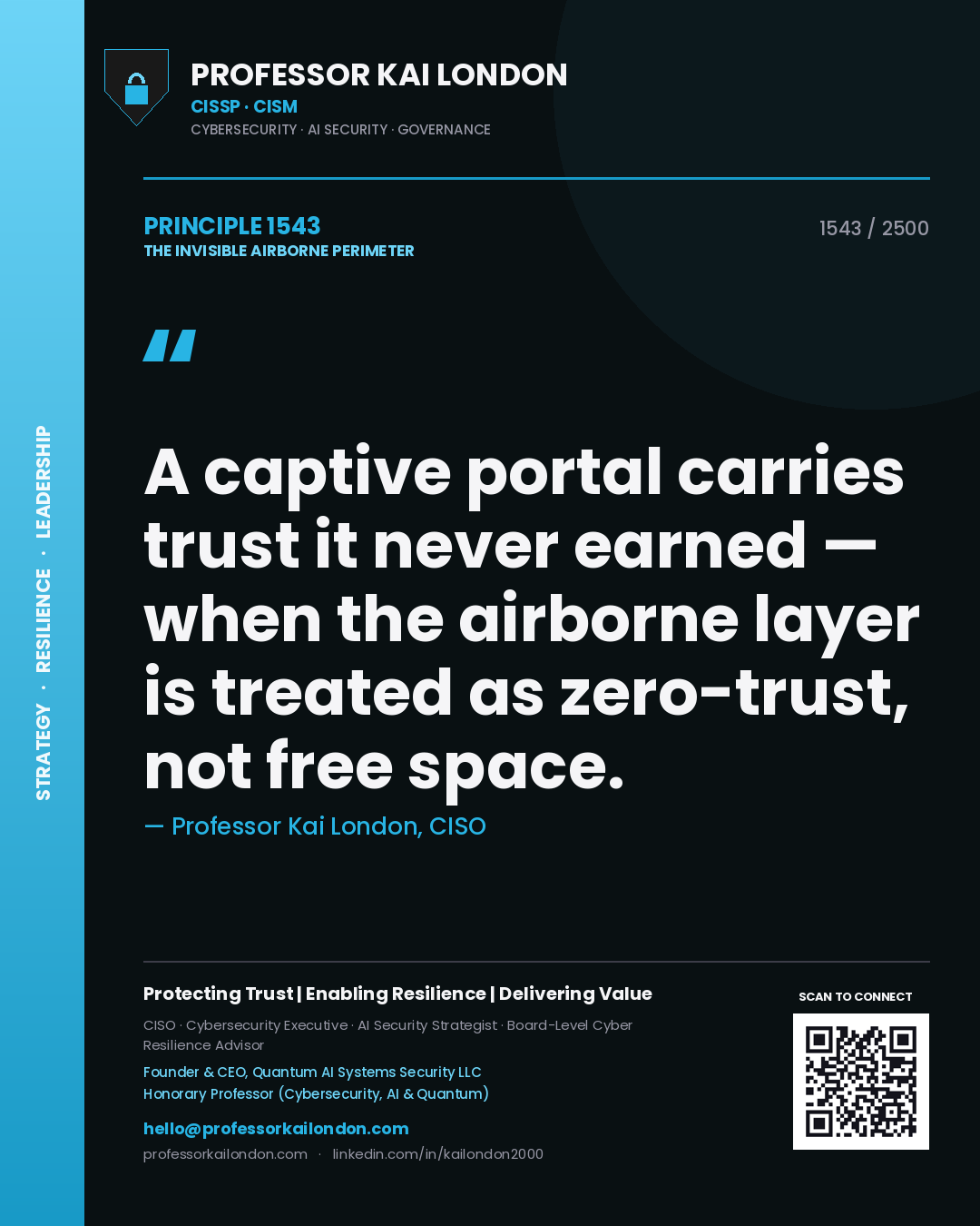 Quote card by Professor Kai London reading 'A captive portal carries trust it never earned — when the airborne layer is treated as zero-trust, not free space.'. From the book The Invisible Airborne Perimeter.