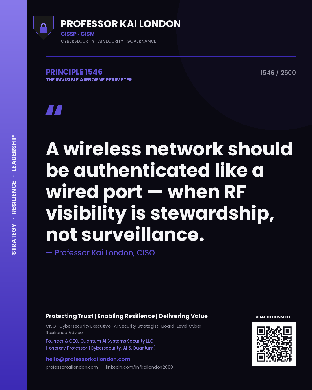 Quote card by Professor Kai London reading 'A wireless network should be authenticated like a wired port — when RF visibility is stewardship, not surveillance.'. From the book The Invisible Airborne Perimeter.