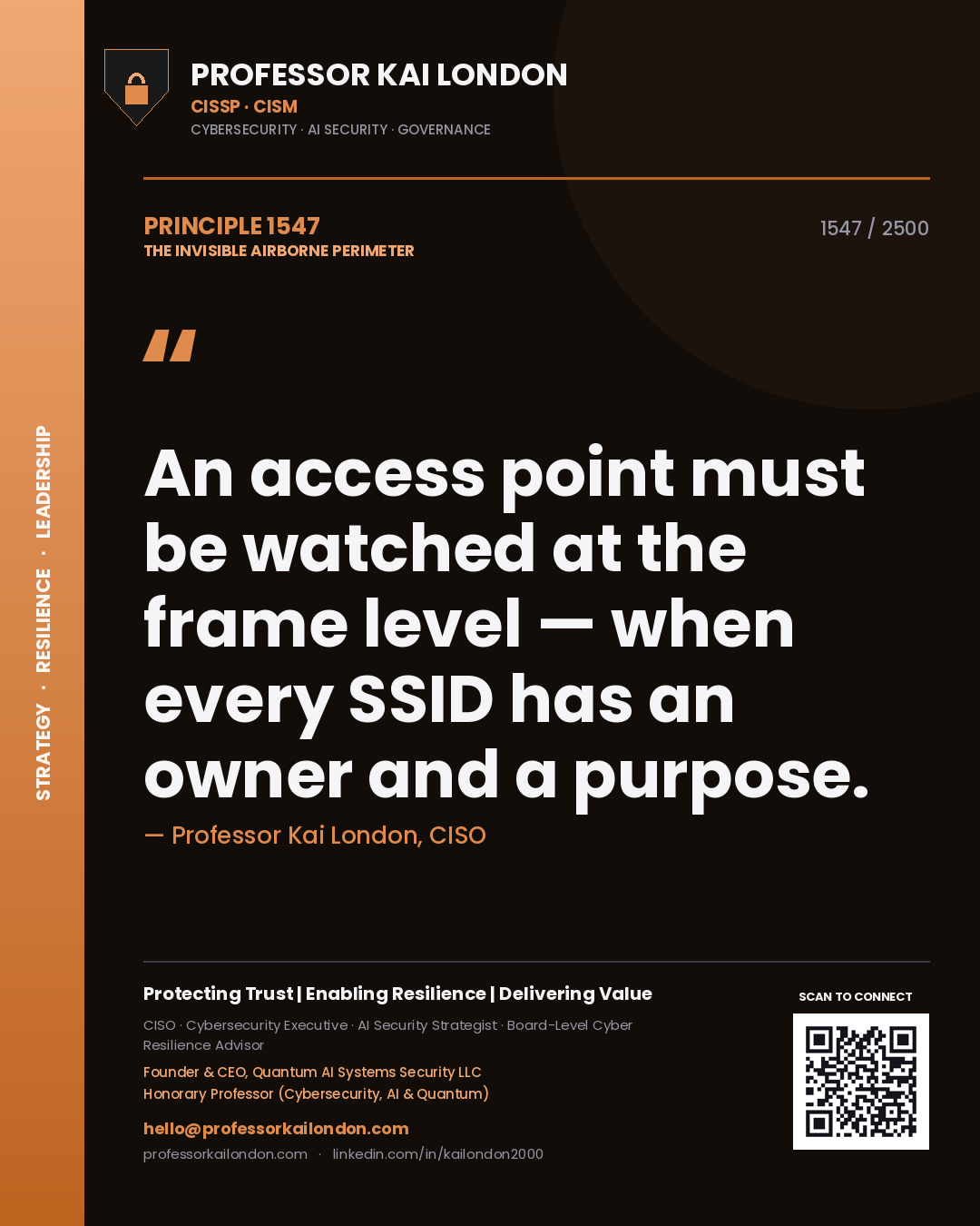 Quote card by Professor Kai London reading 'An access point must be watched at the frame level — when every SSID has an owner and a purpose.'. From the book The Invisible Airborne Perimeter.