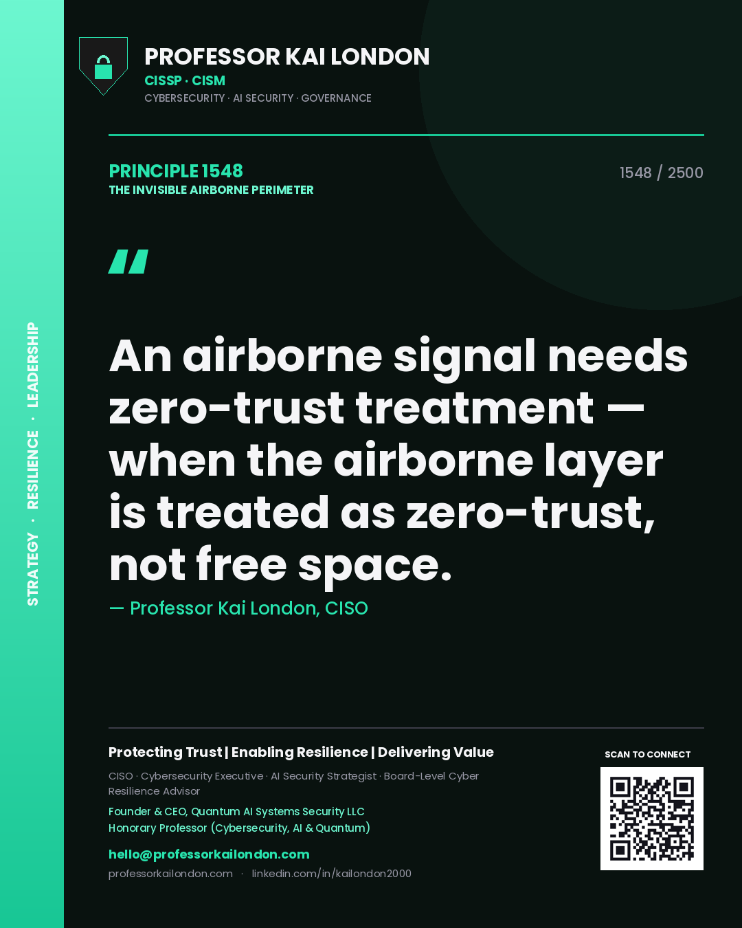 Quote card by Professor Kai London reading 'An airborne signal needs zero-trust treatment — when the airborne layer is treated as zero-trust, not free space.'. From the book The Invisible Airborne Perimeter.