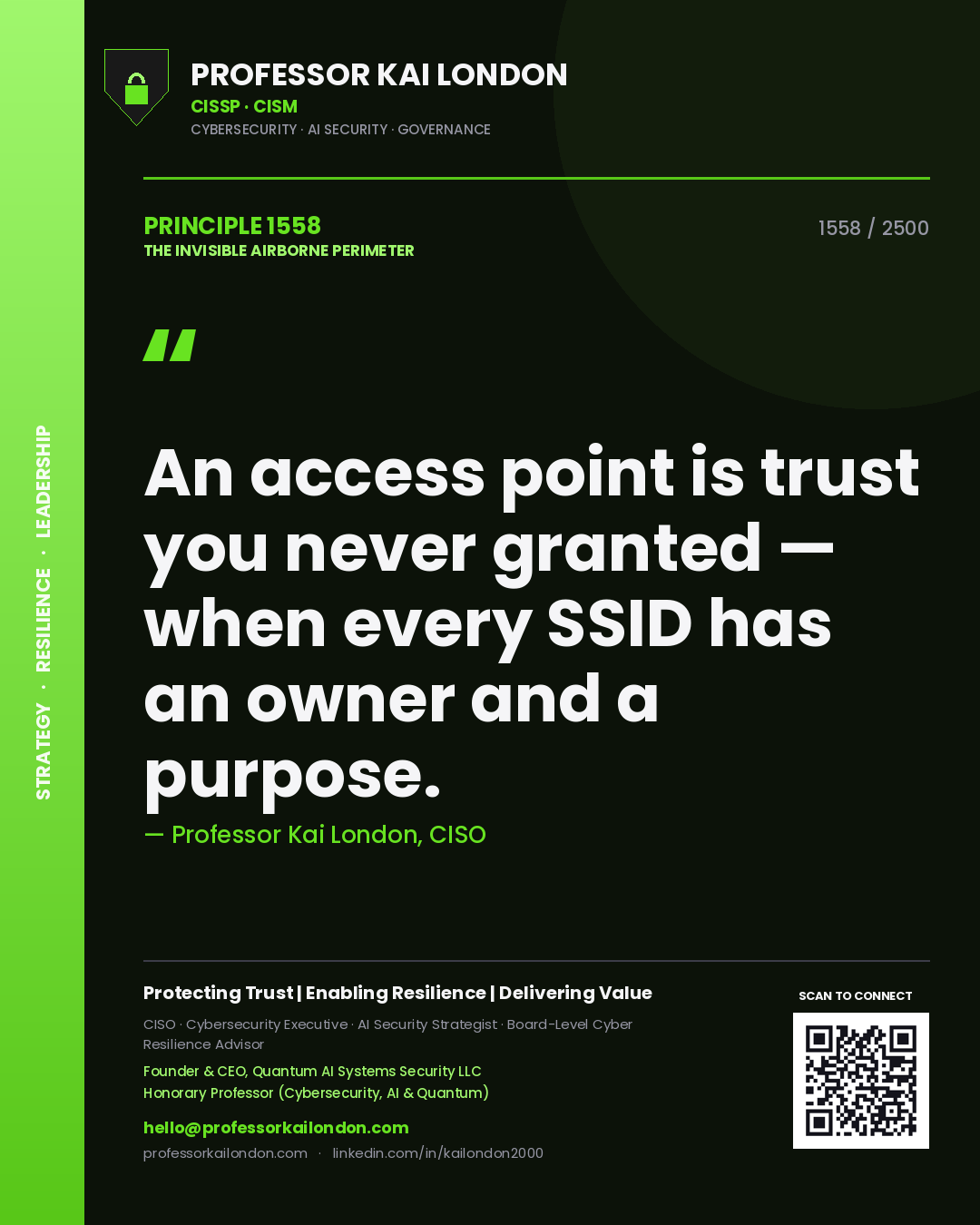 Quote card by Professor Kai London reading 'An access point is trust you never granted — when every SSID has an owner and a purpose.'. From the book The Invisible Airborne Perimeter.