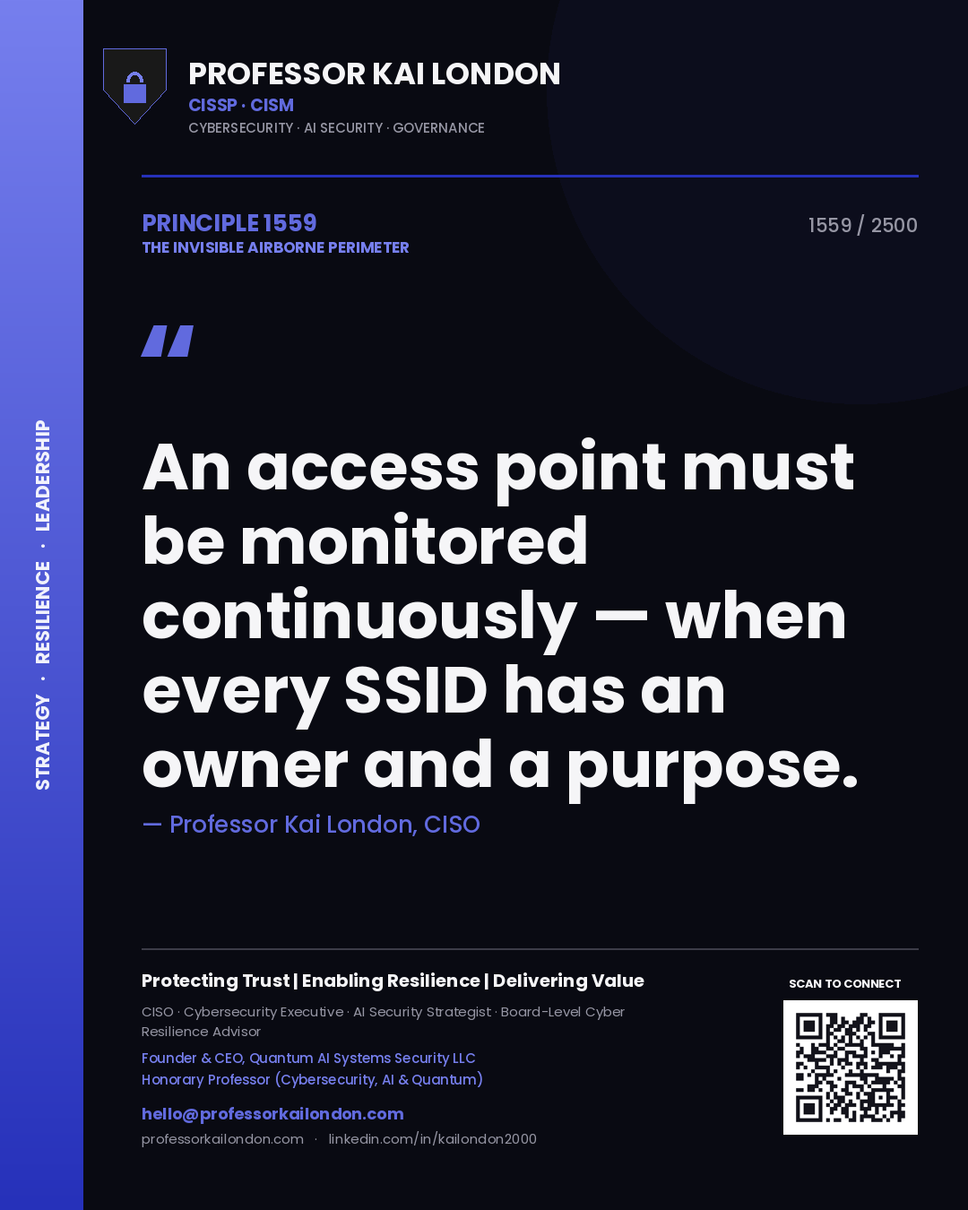 Quote card by Professor Kai London reading 'An access point must be monitored continuously — when every SSID has an owner and a purpose.'. From the book The Invisible Airborne Perimeter.