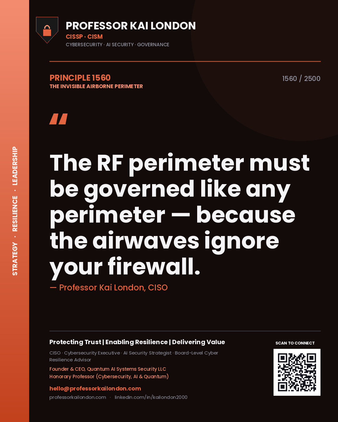 Quote card by Professor Kai London reading 'The RF perimeter must be governed like any perimeter — because the airwaves ignore your firewall.'. From the book The Invisible Airborne Perimeter.