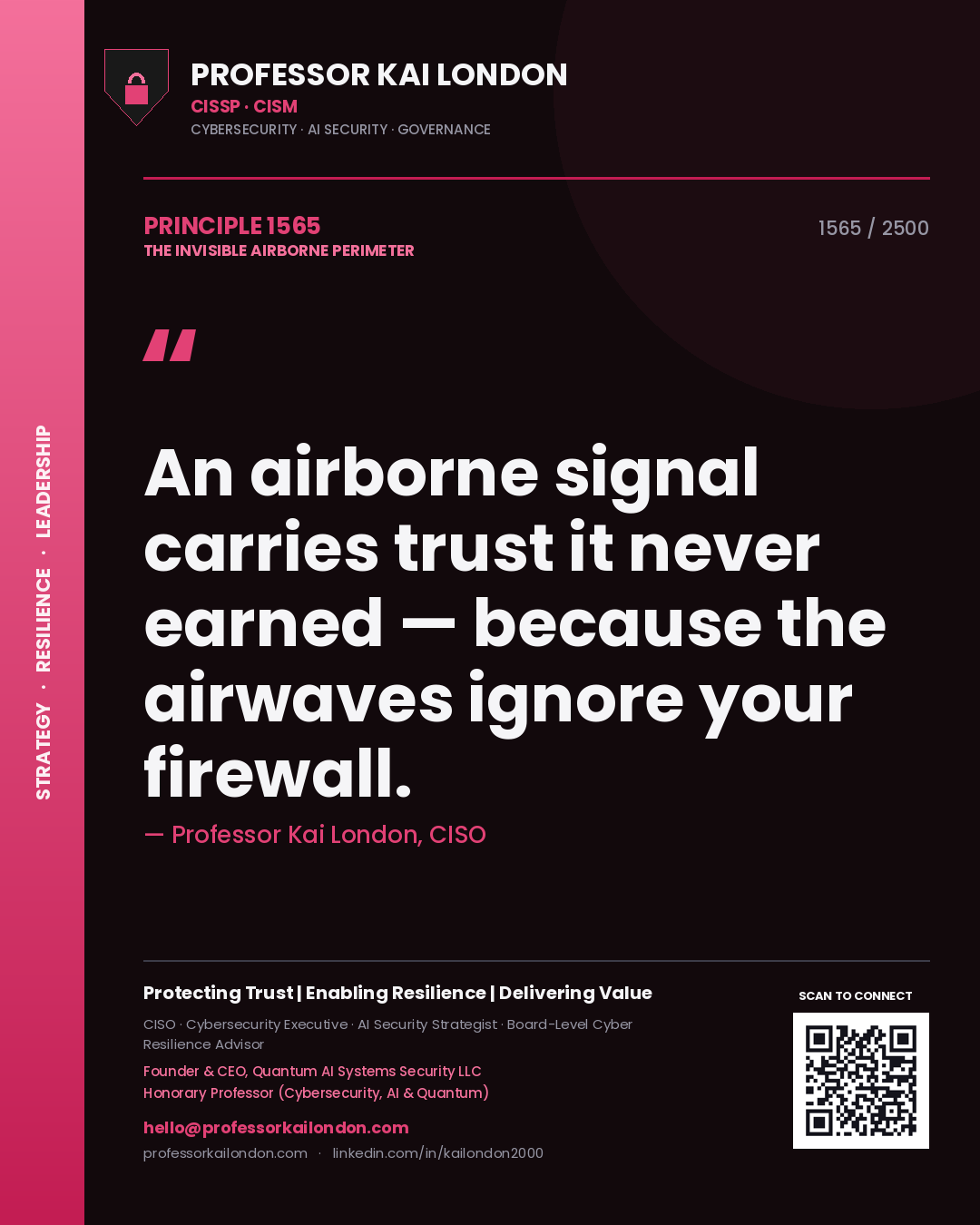 Quote card by Professor Kai London reading 'An airborne signal carries trust it never earned — because the airwaves ignore your firewall.'. From the book The Invisible Airborne Perimeter.