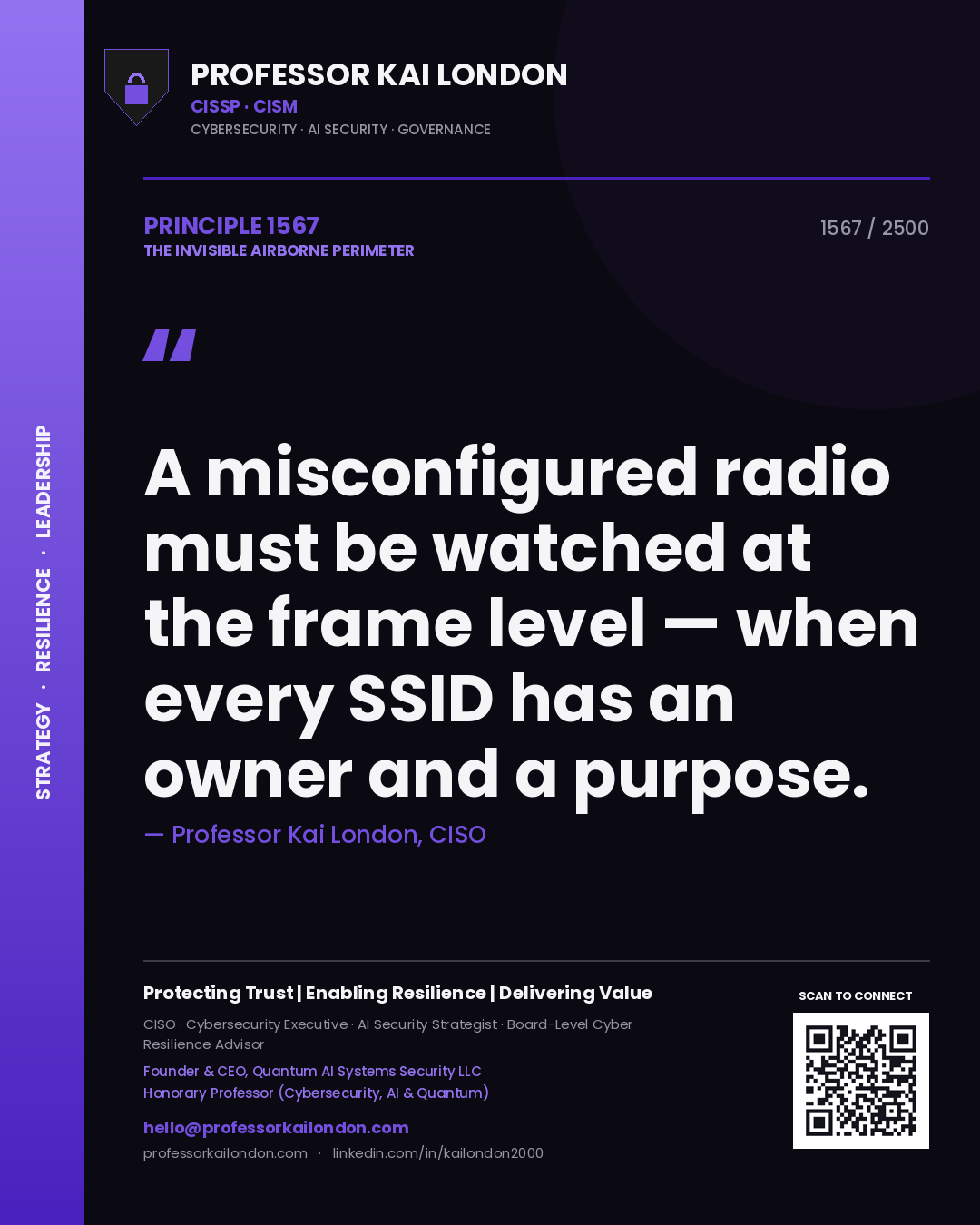 Quote card by Professor Kai London reading 'A misconfigured radio must be watched at the frame level — when every SSID has an owner and a purpose.'. From the book The Invisible Airborne Perimeter.