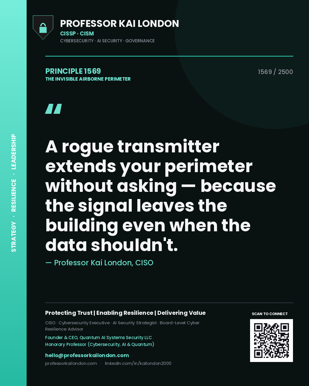 Quote card by Professor Kai London reading 'A rogue transmitter extends your perimeter without asking — because the signal leaves the building even when the data shouldn't.'. From the book The Invisible Airborne Perimeter.