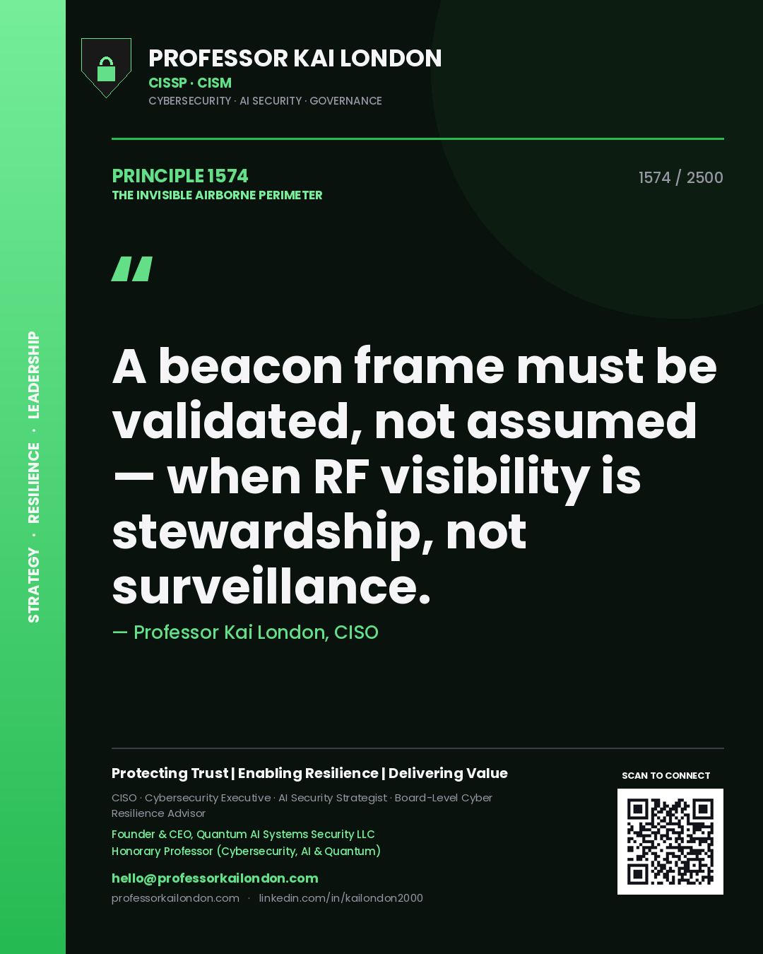 Quote card by Professor Kai London reading 'A beacon frame must be validated, not assumed — when RF visibility is stewardship, not surveillance.'. From the book The Invisible Airborne Perimeter.