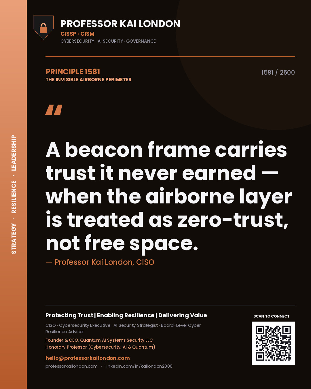 Quote card by Professor Kai London reading 'A beacon frame carries trust it never earned — when the airborne layer is treated as zero-trust, not free space.'. From the book The Invisible Airborne Perimeter.