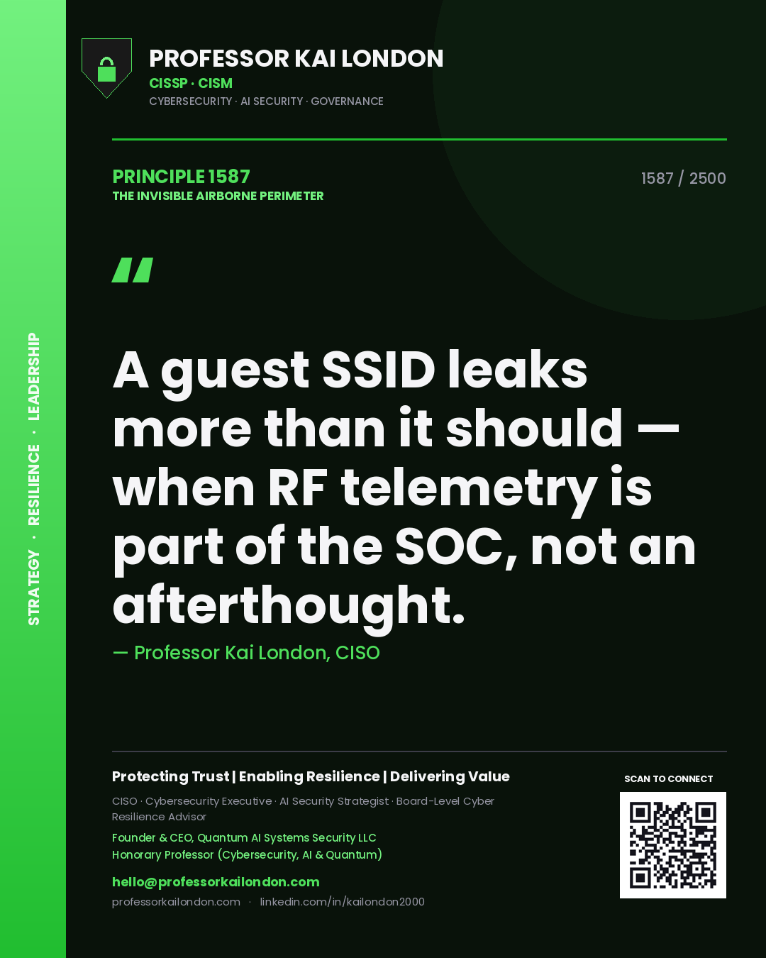 Quote card by Professor Kai London reading 'A guest SSID leaks more than it should — when RF telemetry is part of the SOC, not an afterthought.'. From the book The Invisible Airborne Perimeter.