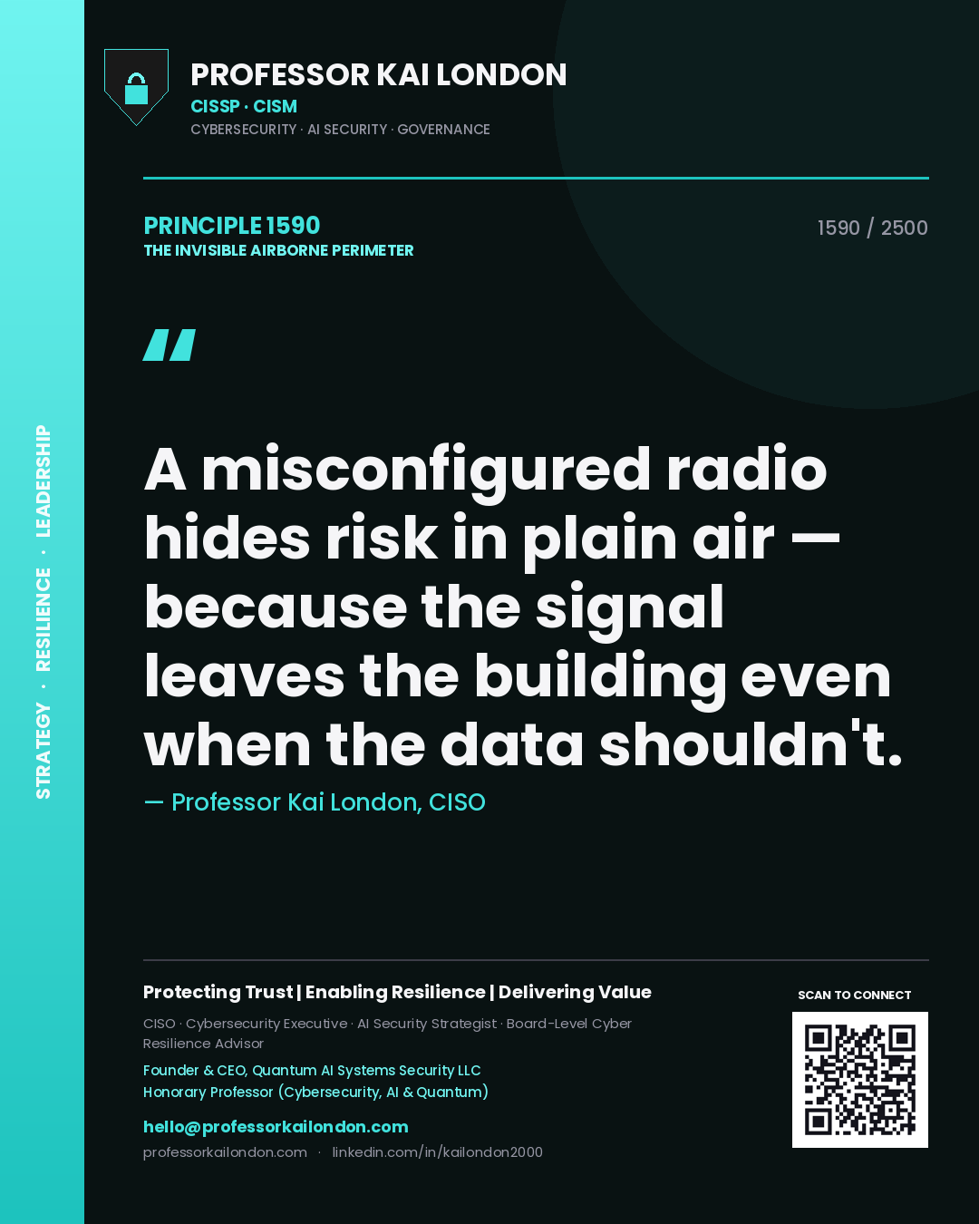 Quote card by Professor Kai London reading 'A misconfigured radio hides risk in plain air — because the signal leaves the building even when the data shouldn't.'. From the book The Invisible Airborne Perimeter.