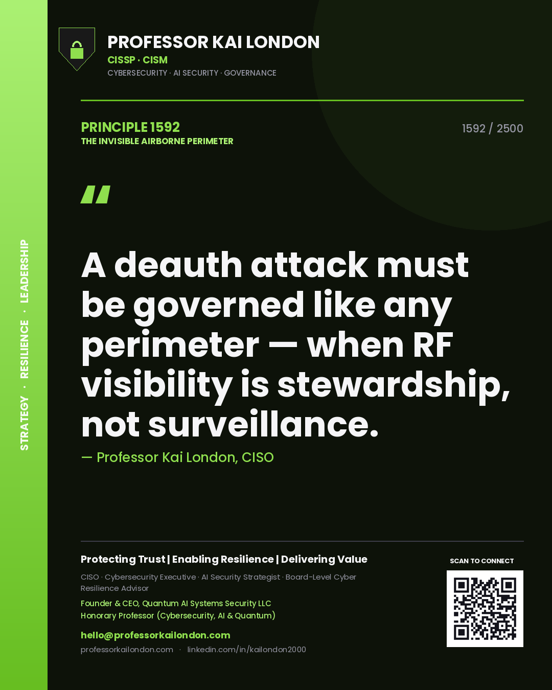 Quote card by Professor Kai London reading 'A deauth attack must be governed like any perimeter — when RF visibility is stewardship, not surveillance.'. From the book The Invisible Airborne Perimeter.