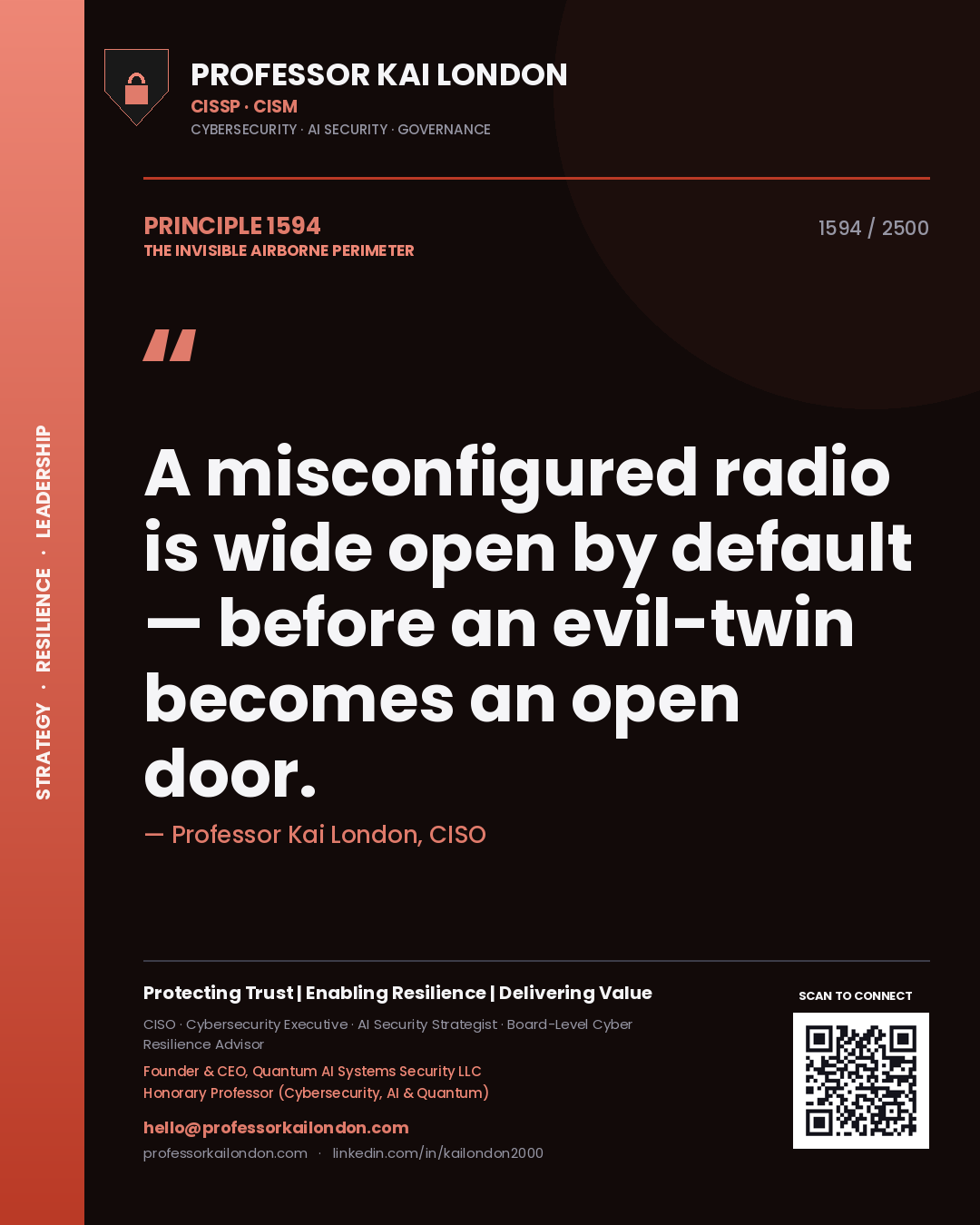 Quote card by Professor Kai London reading 'A misconfigured radio is wide open by default — before an evil-twin becomes an open door.'. From the book The Invisible Airborne Perimeter.