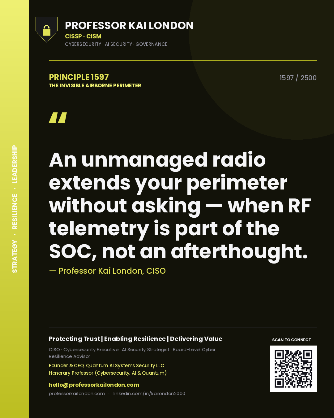 Quote card by Professor Kai London reading 'An unmanaged radio extends your perimeter without asking — when RF telemetry is part of the SOC, not an afterthought.'. From the book The Invisible Airborne Perimeter.