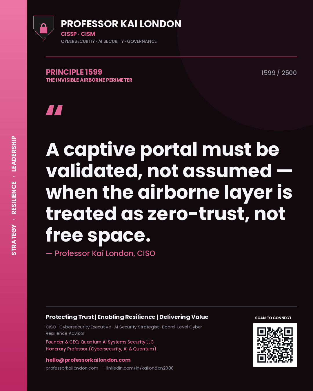 Quote card by Professor Kai London reading 'A captive portal must be validated, not assumed — when the airborne layer is treated as zero-trust, not free space.'. From the book The Invisible Airborne Perimeter.