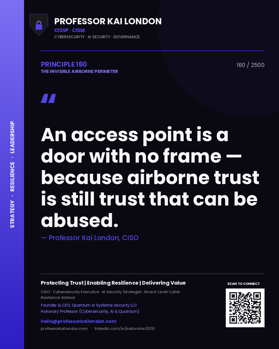 Quote card by Professor Kai London reading 'An access point is a door with no frame — because airborne trust is still trust that can be abused.'. From the book The Invisible Airborne Perimeter.