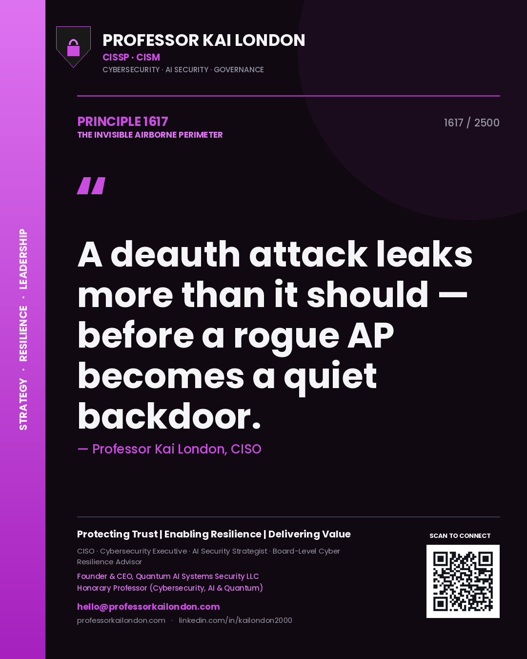 Quote card by Professor Kai London reading 'A deauth attack leaks more than it should — before a rogue AP becomes a quiet backdoor.'. From the book The Invisible Airborne Perimeter.