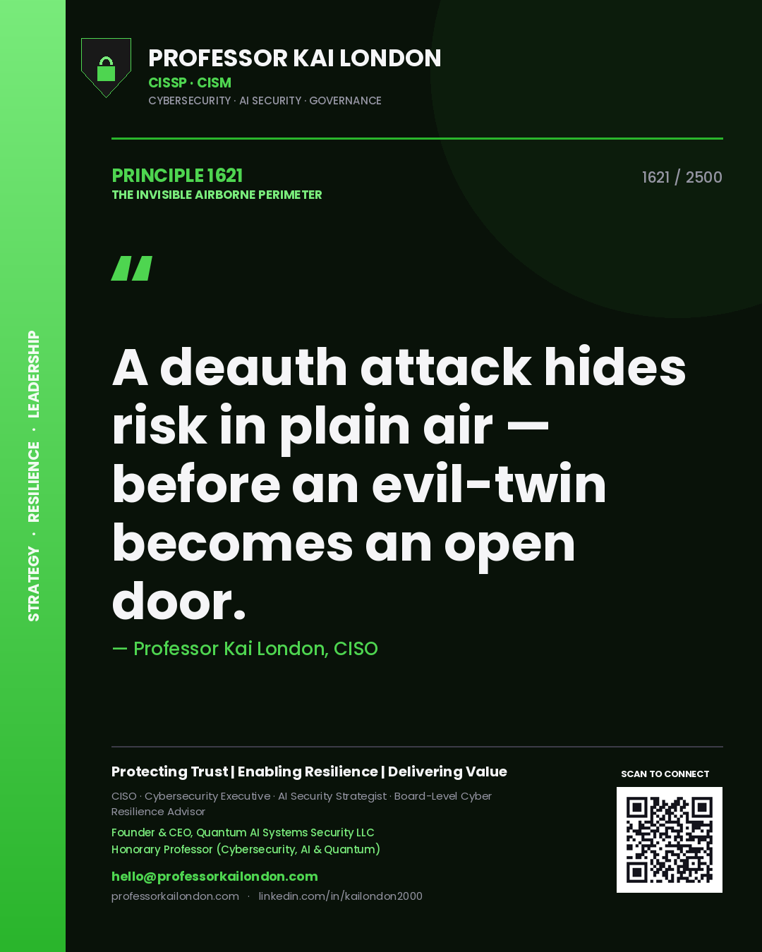 Quote card by Professor Kai London reading 'A deauth attack hides risk in plain air — before an evil-twin becomes an open door.'. From the book The Invisible Airborne Perimeter.