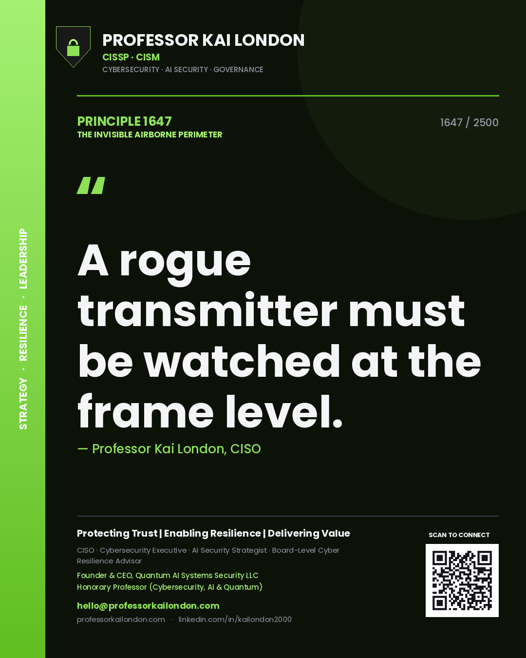 Quote card by Professor Kai London reading 'A rogue transmitter must be watched at the frame level.'. From the book The Invisible Airborne Perimeter.