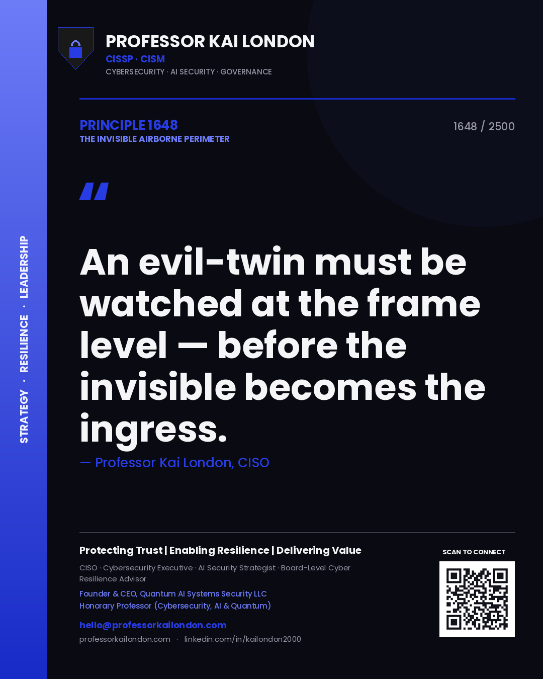 Quote card by Professor Kai London reading 'An evil-twin must be watched at the frame level — before the invisible becomes the ingress.'. From the book The Invisible Airborne Perimeter.