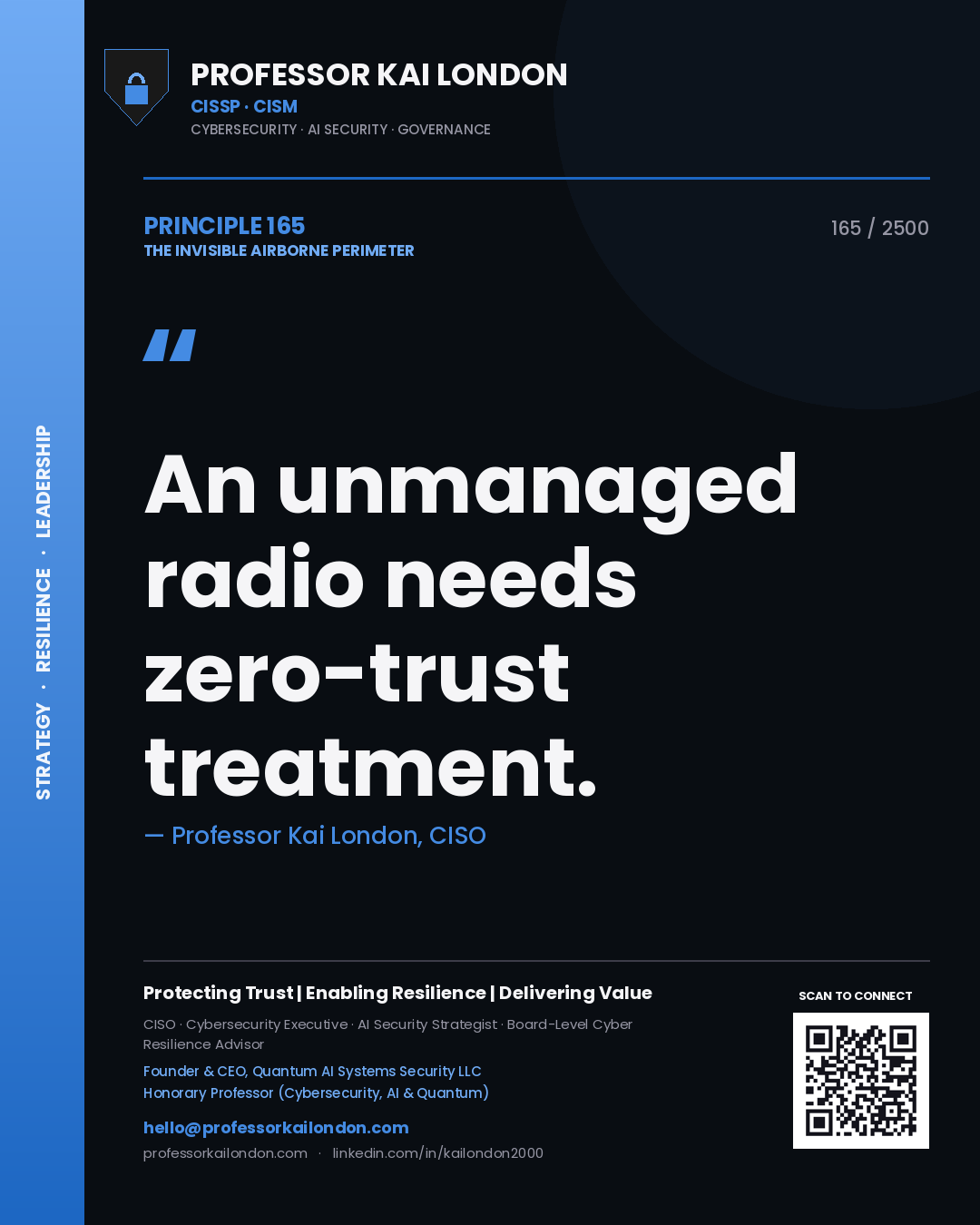 Quote card by Professor Kai London reading 'An unmanaged radio needs zero-trust treatment.'. From the book The Invisible Airborne Perimeter.