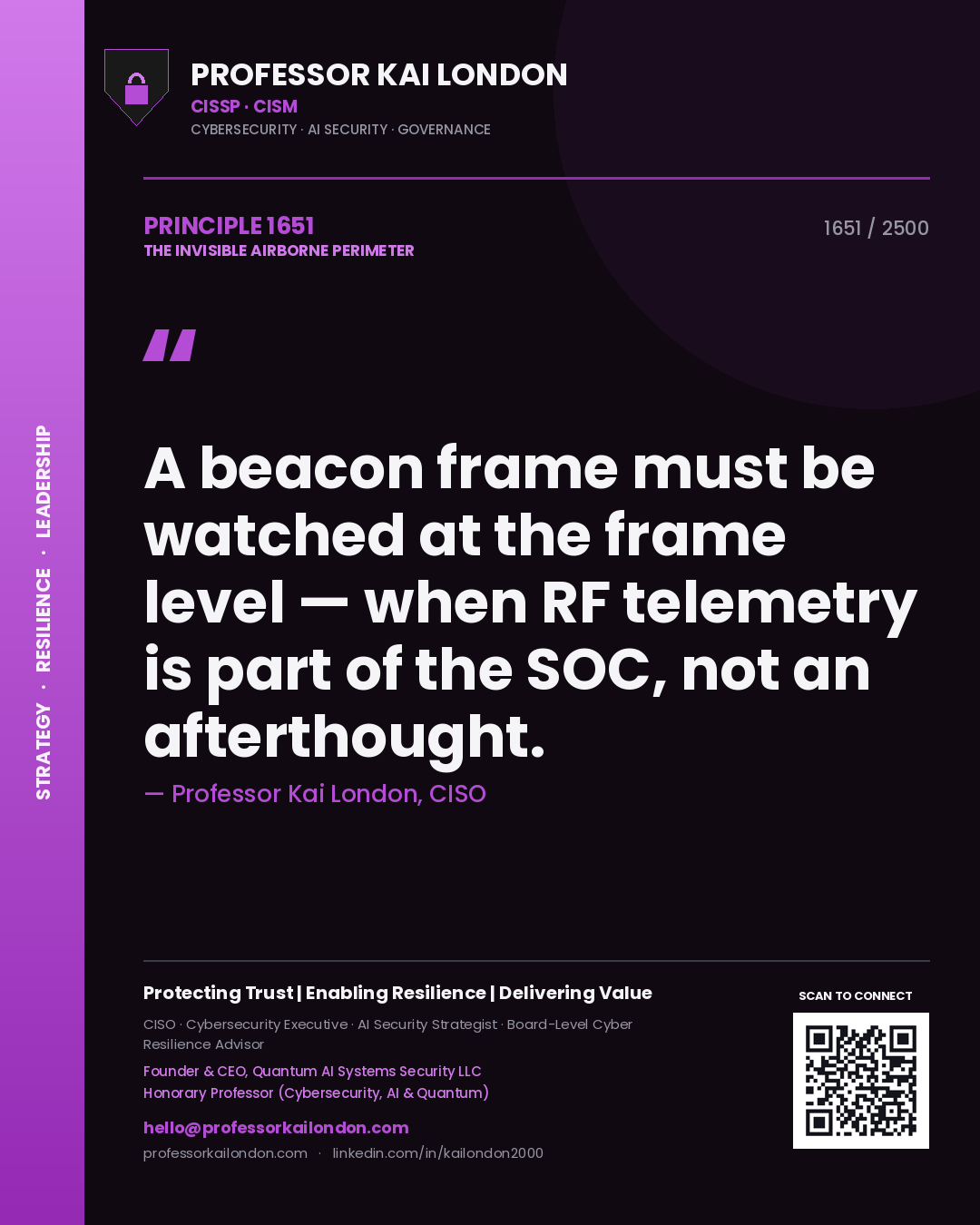 Quote card by Professor Kai London reading 'A beacon frame must be watched at the frame level — when RF telemetry is part of the SOC, not an afterthought.'. From the book The Invisible Airborne Perimeter.