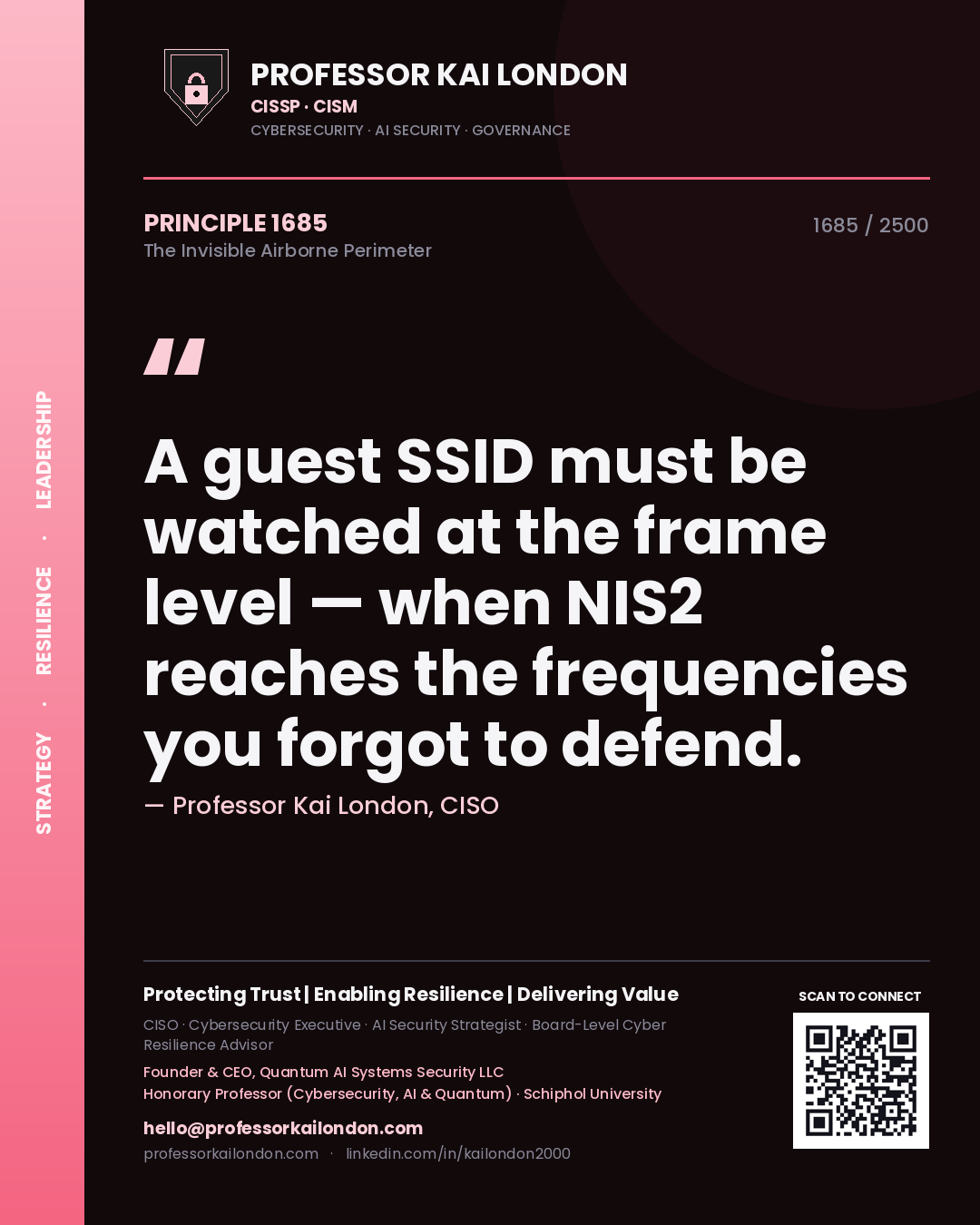 Professor Kai London principle 1685: A guest SSID must be watched at the frame level — when NIS2 reaches the frequencies you forgot to defend.