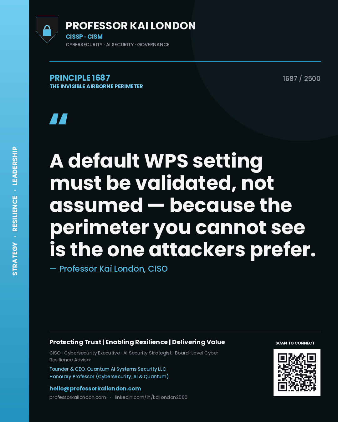 Quote card by Professor Kai London reading 'A default WPS setting must be validated, not assumed — because the perimeter you cannot see is the one attackers prefer.'. From the book The Invisible Airborne Perimeter.