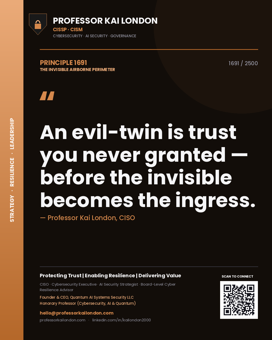 Quote card by Professor Kai London reading 'An evil-twin is trust you never granted — before the invisible becomes the ingress.'. From the book The Invisible Airborne Perimeter.