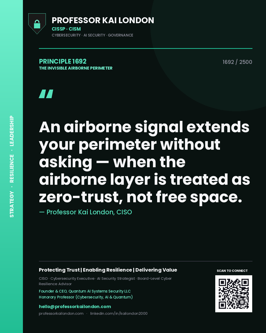 Quote card by Professor Kai London reading 'An airborne signal extends your perimeter without asking — when the airborne layer is treated as zero-trust, not free space.'. From the book The Invisible Airborne Perimeter.