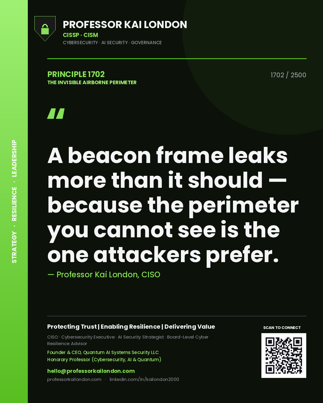 Quote card by Professor Kai London reading 'A beacon frame leaks more than it should — because the perimeter you cannot see is the one attackers prefer.'. From the book The Invisible Airborne Perimeter.