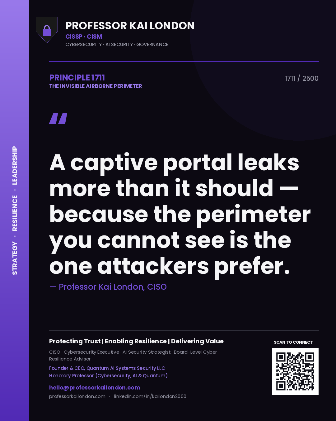 Quote card by Professor Kai London reading 'A captive portal leaks more than it should — because the perimeter you cannot see is the one attackers prefer.'. From the book The Invisible Airborne Perimeter.