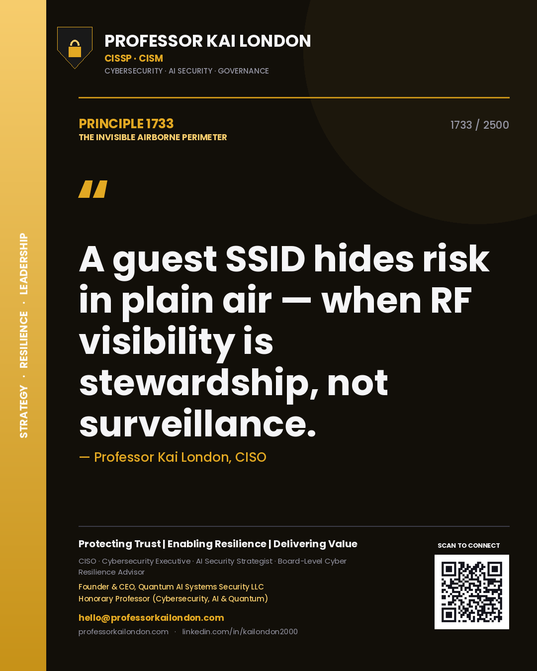 Quote card by Professor Kai London reading 'A guest SSID hides risk in plain air — when RF visibility is stewardship, not surveillance.'. From the book The Invisible Airborne Perimeter.