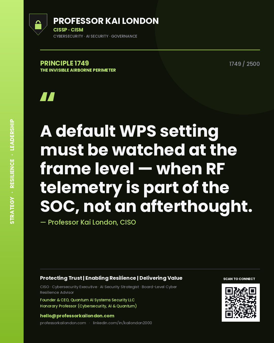 Quote card by Professor Kai London reading 'A default WPS setting must be watched at the frame level — when RF telemetry is part of the SOC, not an afterthought.'. From the book The Invisible Airborne Perimeter.