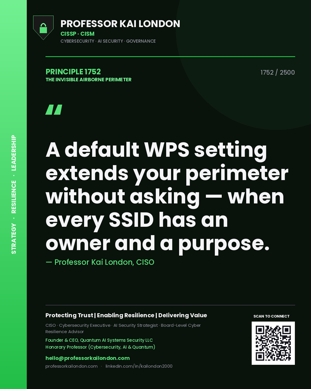 Quote card by Professor Kai London reading 'A default WPS setting extends your perimeter without asking — when every SSID has an owner and a purpose.'. From the book The Invisible Airborne Perimeter.