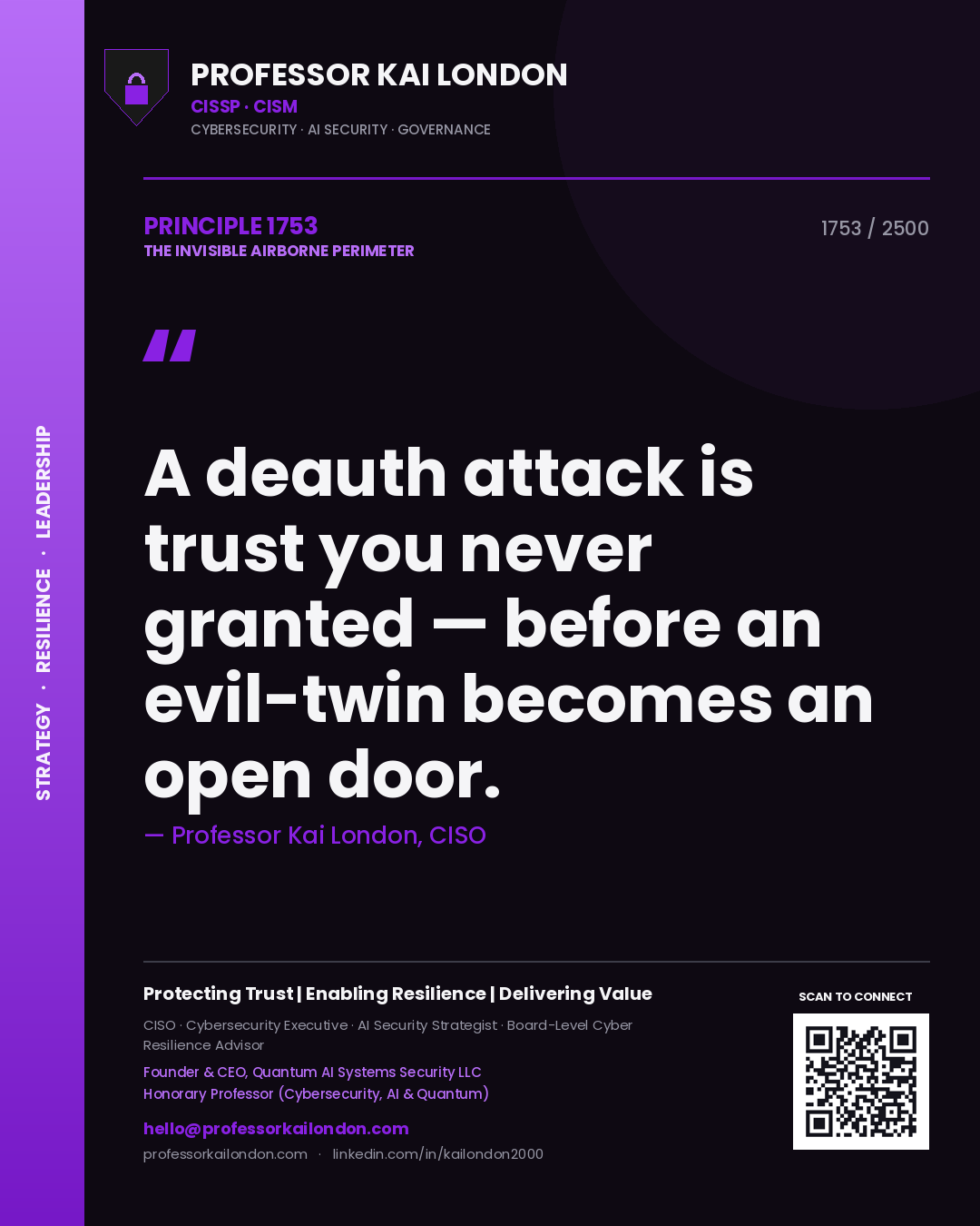 Quote card by Professor Kai London reading 'A deauth attack is trust you never granted — before an evil-twin becomes an open door.'. From the book The Invisible Airborne Perimeter.