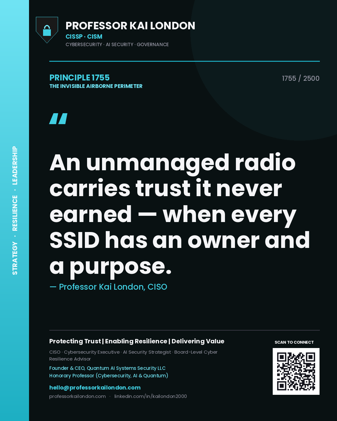 Quote card by Professor Kai London reading 'An unmanaged radio carries trust it never earned — when every SSID has an owner and a purpose.'. From the book The Invisible Airborne Perimeter.