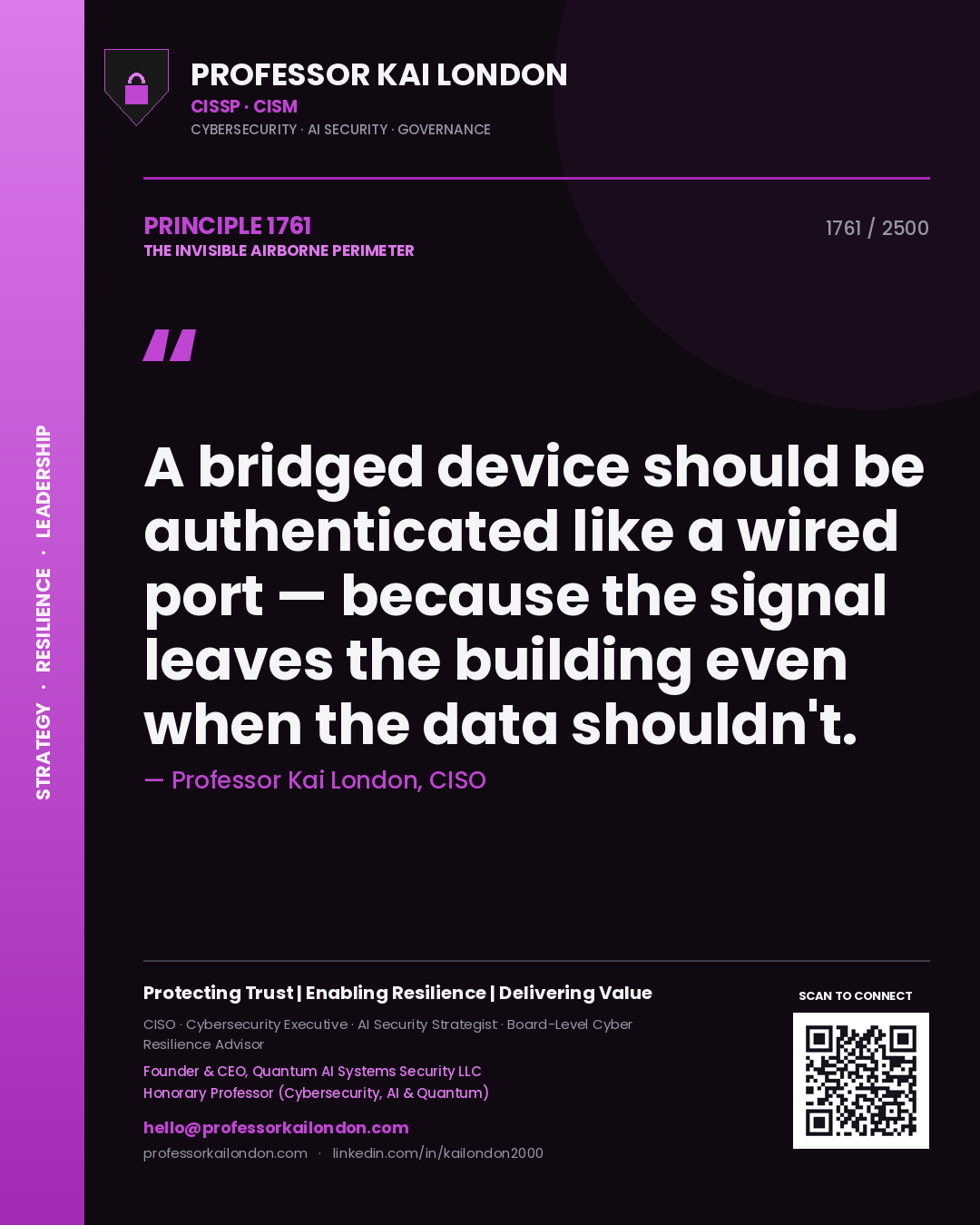 Quote card by Professor Kai London reading 'A bridged device should be authenticated like a wired port — because the signal leaves the building even when the data shouldn't.'. From the book The Invisible Airborne Perimeter.
