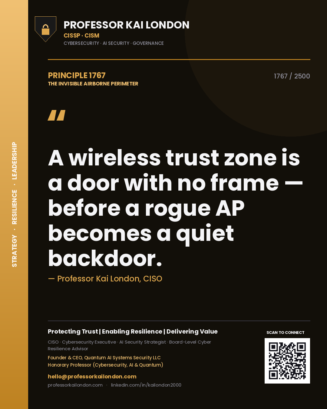 Quote card by Professor Kai London reading 'A wireless trust zone is a door with no frame — before a rogue AP becomes a quiet backdoor.'. From the book The Invisible Airborne Perimeter.