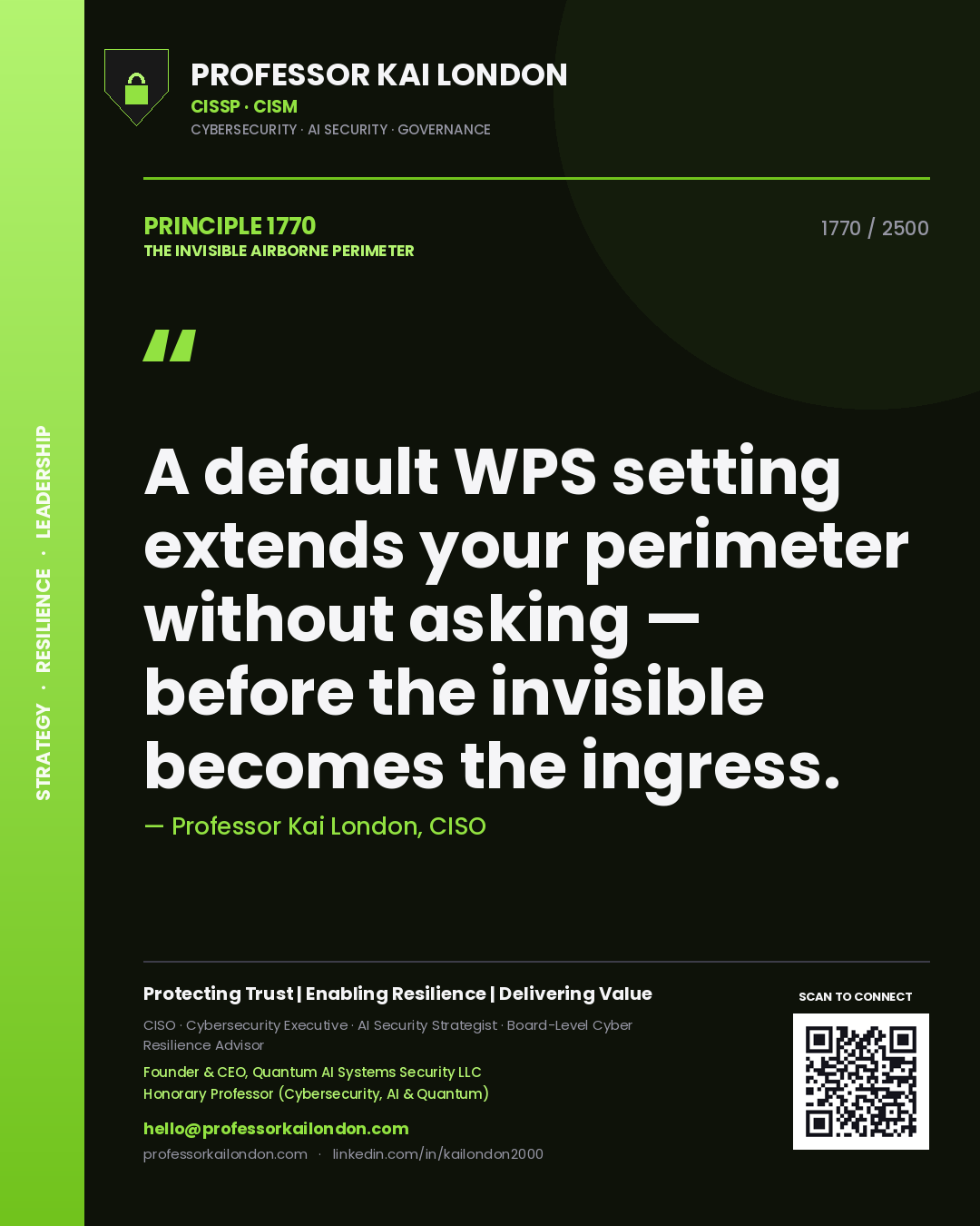 Quote card by Professor Kai London reading 'A default WPS setting extends your perimeter without asking — before the invisible becomes the ingress.'. From the book The Invisible Airborne Perimeter.