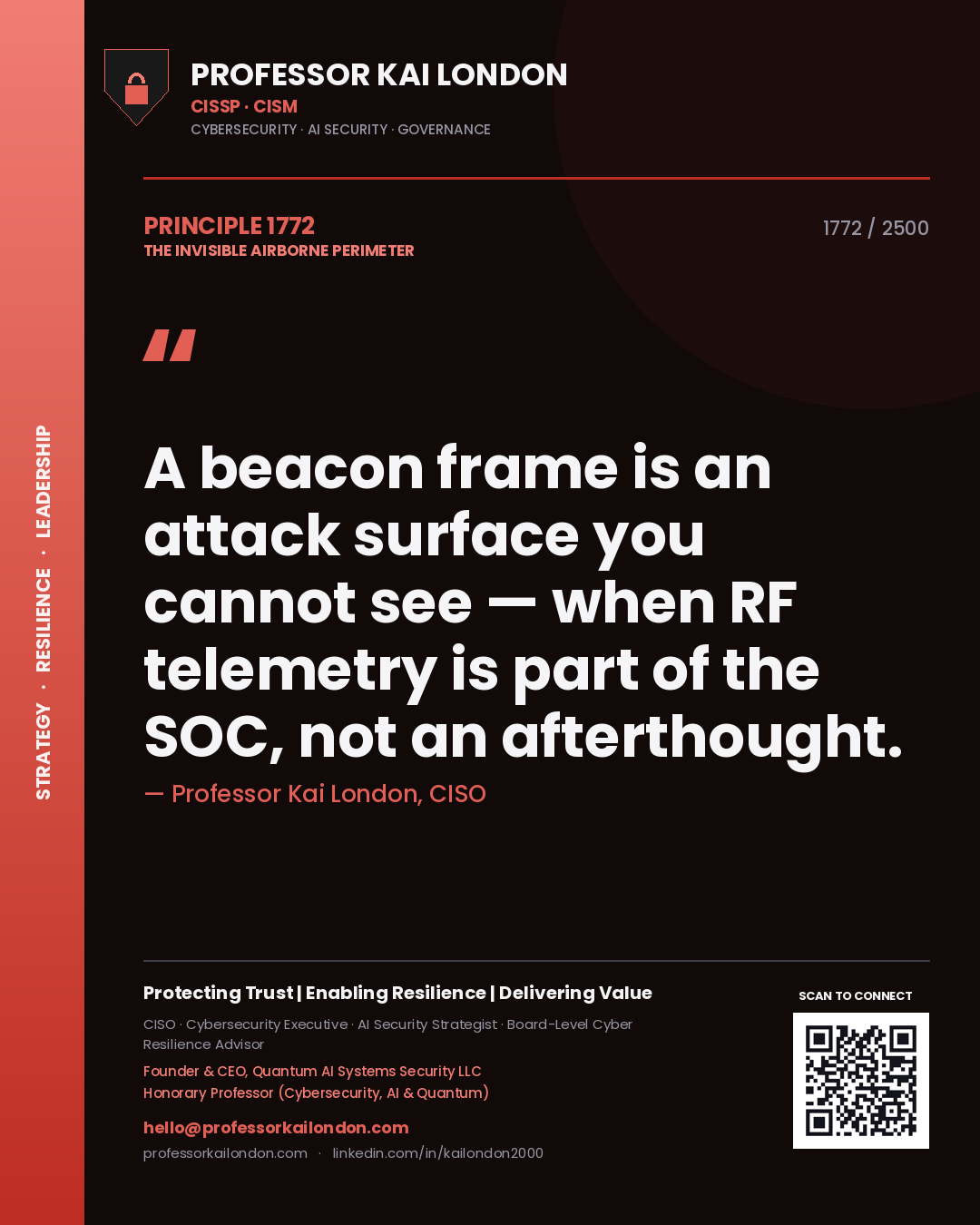 Quote card by Professor Kai London reading 'A beacon frame is an attack surface you cannot see — when RF telemetry is part of the SOC, not an afterthought.'. From the book The Invisible Airborne Perimeter.