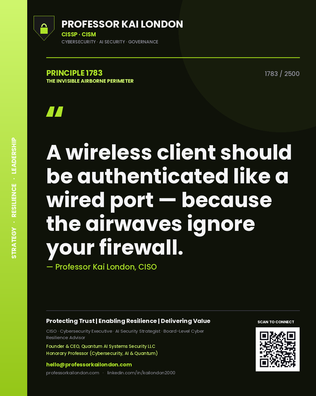 Quote card by Professor Kai London reading 'A wireless client should be authenticated like a wired port — because the airwaves ignore your firewall.'. From the book The Invisible Airborne Perimeter.