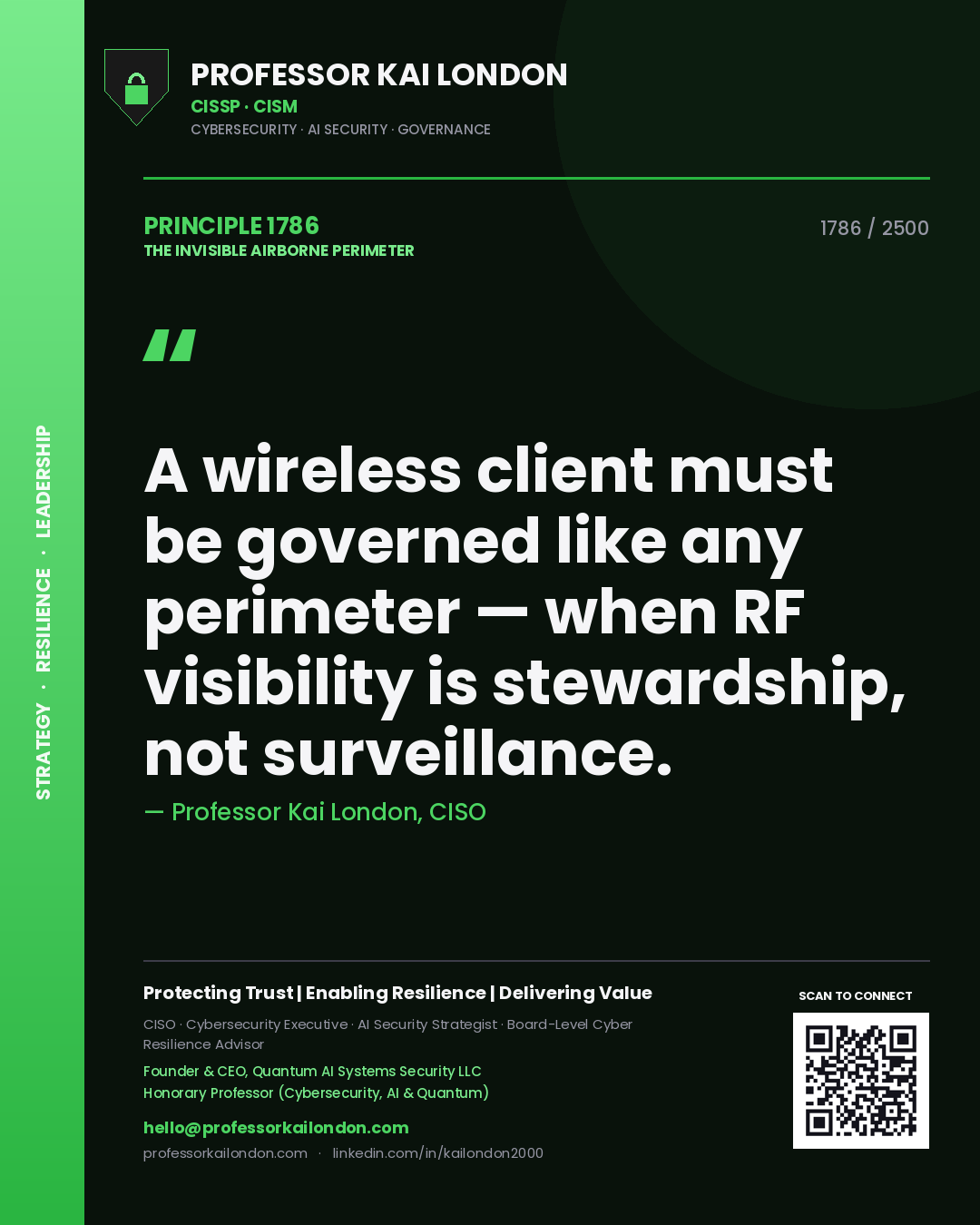 Quote card by Professor Kai London reading 'A wireless client must be governed like any perimeter — when RF visibility is stewardship, not surveillance.'. From the book The Invisible Airborne Perimeter.
