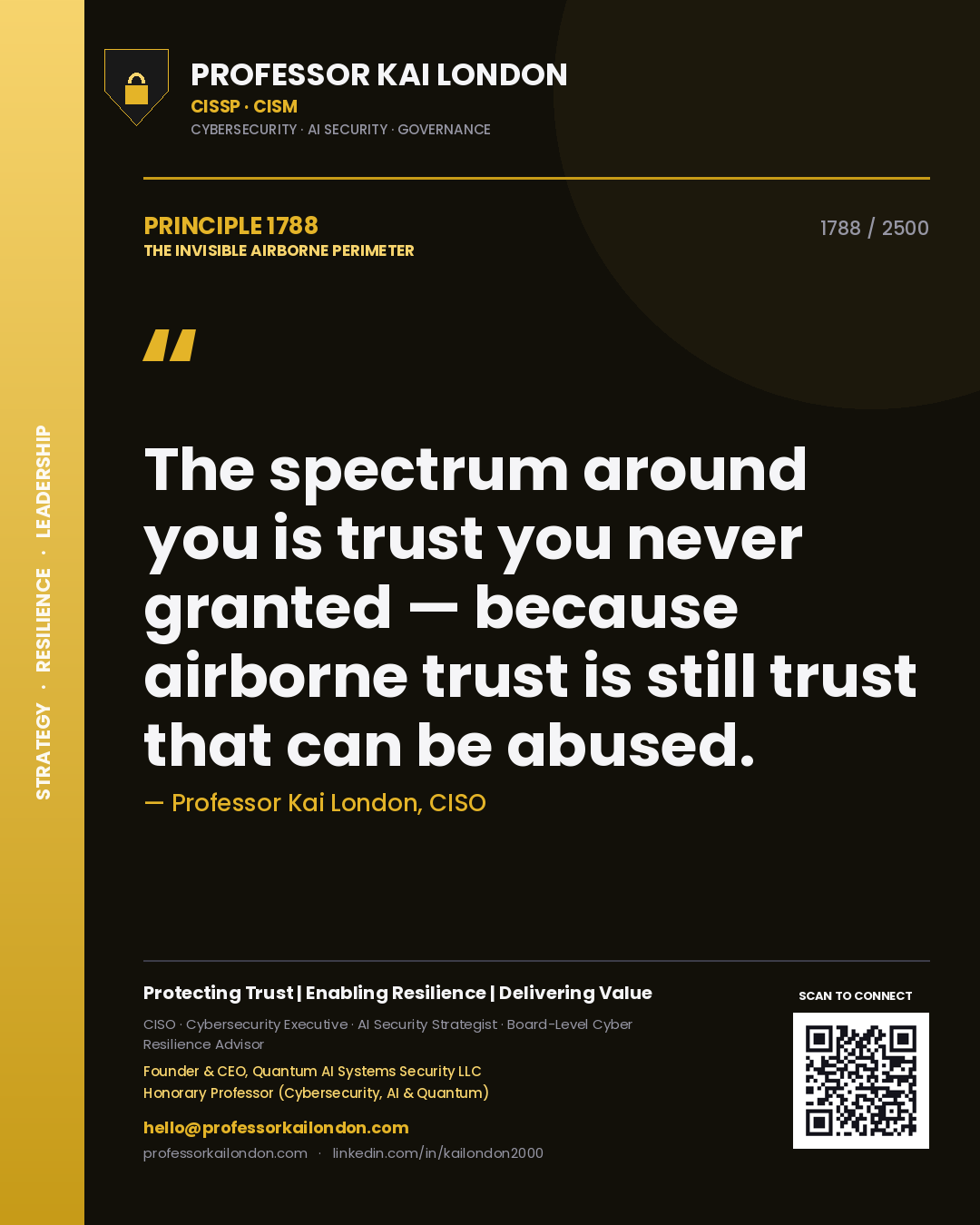 Quote card by Professor Kai London reading 'The spectrum around you is trust you never granted — because airborne trust is still trust that can be abused.'. From the book The Invisible Airborne Perimeter.
