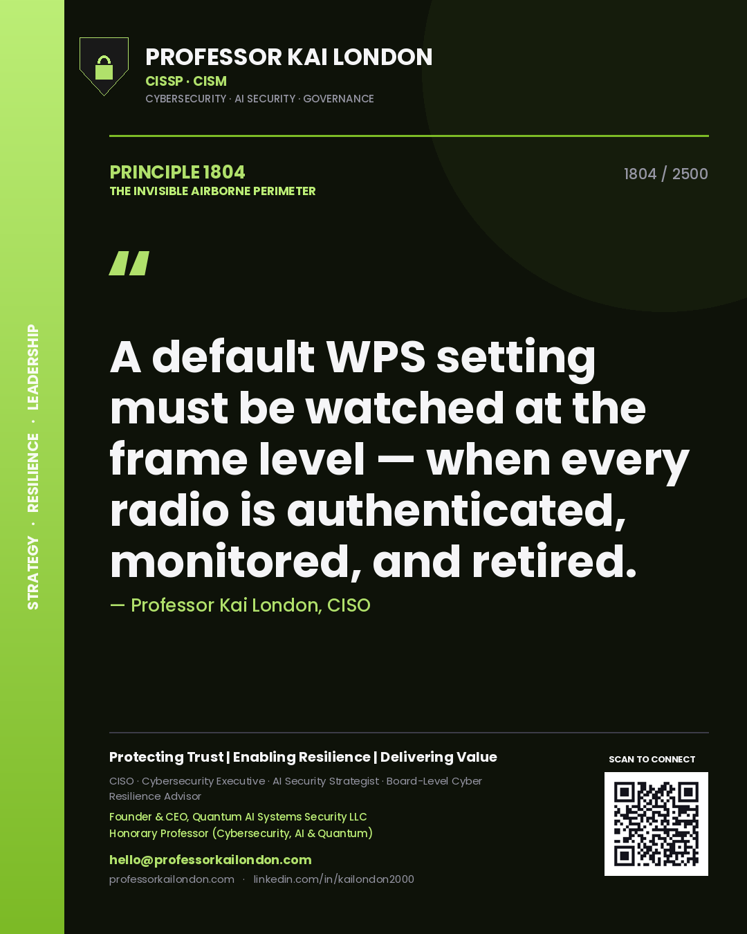 Professor Kai London principle 1804: A default WPS setting must be watched at the frame level — when every radio is authenticated, monitored, and retired.
