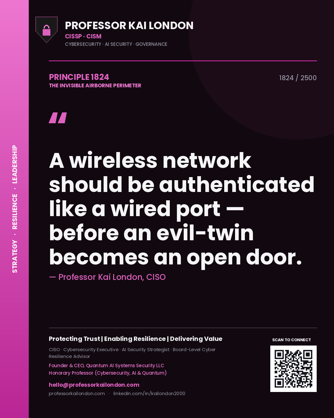 Quote card by Professor Kai London reading 'A wireless network should be authenticated like a wired port — before an evil-twin becomes an open door.'. From the book The Invisible Airborne Perimeter.