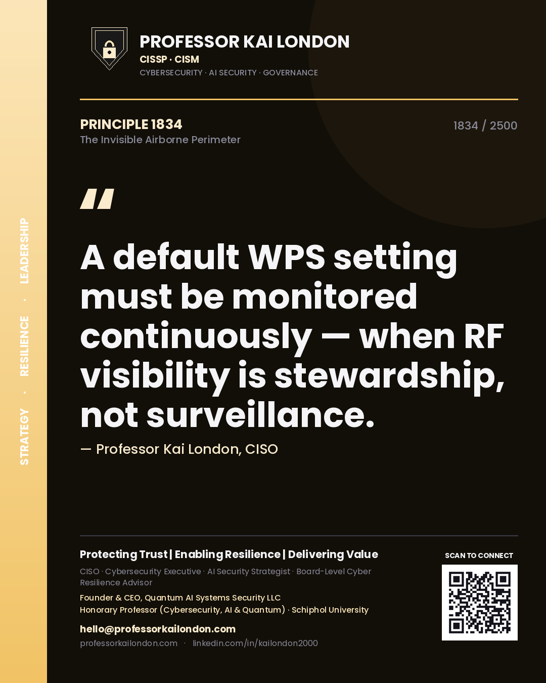 Quote card by Professor Kai London reading 'A default WPS setting must be monitored continuously — when RF visibility is stewardship, not surveillance.'. From the book The Invisible Airborne Perimeter.